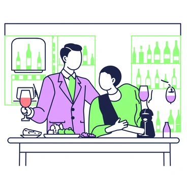A wine connoisseur is standing in a refined tasting room, holding a glass of red wine in his right hand. He has short, neatly styled hair and is wearing a tailored dark suit with a crisp white shirt. The tasting room is elegantly furnished, featuring a large wooden table surrounded by high-backed chairs. Behind him, a wall is lined with shelves filled with bottles of wine, showcasing a variety of labels. On the table in front of him, there is a small plate with cheese and grapes, and a notebook with a pen rests nearby, indicating he is taking notes on the wine. Soft lighting highlights the sophistication of the setting.