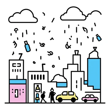 A cityscape with tall buildings under a cloudy sky. Plastic items, such as bottles, bags, and straws, are cascading downwards, resembling rain. The buildings reflect the light, creating a contrast with the colorful plastic debris. Streets below are visible, with cars and people going about their day as the plastic items fall around them.