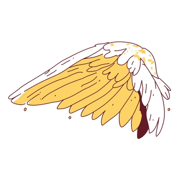 A close-up view of "Icarus' wings" reveals intricate details of "feathers" with varying textures and shades. The "feathers" are layered, showcasing a mix of "golden" and "white" hues that catch the light. Small droplets of "wax" are visible along the edges, glistening as they melt away. Each "feather" is finely crafted, displaying delicate barbs and a slight curve that suggests movement. The background is softly blurred to emphasize the vivid details of the wings.