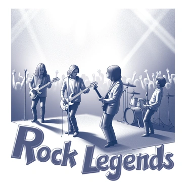 A rock band performing live on stage. The band consists of four members: a male lead singer with long hair and a microphone, a guitarist with an electric guitar, a bassist who is focused on his instrument, and a drummer energetically playing the drums. The stage is illuminated with various lights creating dynamic shadows. In the background, there is a crowd of excited fans, some of whom are raising their arms in the air. The atmosphere is filled with energy and excitement, capturing the essence of a live rock performance in the 1980s. The album cover features stylized text that reads "Rock Legends."