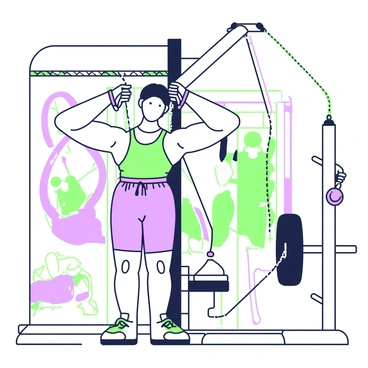 A person is performing face pull exercises at the gym using a cable machine. The individual is standing with feet shoulder-width apart, gripping a rope attachment with both hands. The cable machine is positioned behind them, with the cable being pulled towards their face. The person's elbows are high and flared out, showcasing proper form. They are wearing athletic clothing, which includes a fitted tank top and workout shorts. In the background, various gym equipment and a mirror can be seen, reflecting other gym-goers engaged in their workouts.