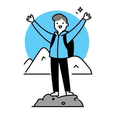 A hiker, wearing a blue jacket and black pants, is standing on a rocky mountain peak. Their arms are spread wide, expressing a sense of triumph. The hiker has short brown hair and is wearing a black backpack. In the background, there are distant mountain ranges under a clear blue sky. The sunlight casts shadows on the rocky surface where the hiker stands.