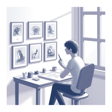 An artist is sitting at a wooden easel, looking pensively at a collection of framed illustrations displayed on a nearby wall. Each frame showcases different styles and themes, representing various periods of their artistic journey. The artist holds a pencil in one hand, appearing deep in thought as they glance from one illustration to another. The room is filled with natural light streaming through a window, highlighting the textures of the sketches. There are art supplies scattered on a table beside the artist, including brushes, ink pots, and sketchbooks, adding to the creative atmosphere.
