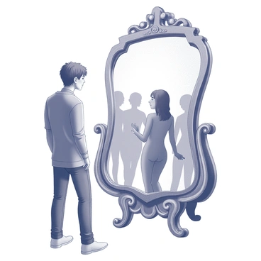 An individual standing in front of a large, ornate mirror. The person has an expression of contemplation as they gaze at their reflection. The mirror reflects multiple silhouettes representing various gender identities, each in a distinct pose. The figures in the mirror are detailed, showcasing diverse hairstyles and clothing styles. The scene captures a moment of self-exploration and identity in a well-lit room.