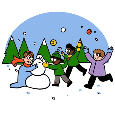 A group of children playing in a picturesque winter landscape covered in snow. There are three children: a light-skinned girl with big eyes wearing a red scarf and a blue jacket, a dark-skinned boy with big eyes wearing a green hat and yellow gloves, and a light-skinned boy with big eyes wearing a purple coat. The girl is smiling while rolling a large snowball to form a snowman, while the boy in green is preparing to throw a snowball, and the boy in purple is laughing as he dodges snowballs in the background. Snow-covered trees and a clear blue sky create a cheerful atmosphere.