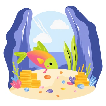 A colorful rainbow fish with shimmering scales explores a hidden cove. The cove is surrounded by rocky cliffs and clear blue water. Inside the cove, there are piles of shiny gold coins, sparkling jewels, and colorful seashells scattered on the sandy floor. Sunlight streams through the opening, illuminating the treasures and creating reflections on the water. The rainbow fish swims excitedly around the treasures, its vibrant colors contrasting with the rich hues of the cove.