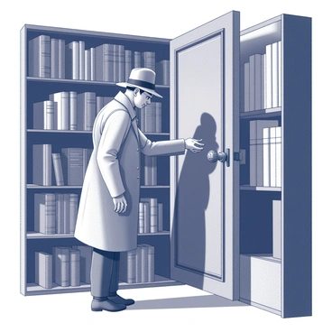 A detective standing in a dimly lit room. The detective wears a classic trench coat and a fedora, with a focused expression on their face. They are leaning slightly forward, inspecting a bookshelf filled with various books. One of the shelves is partially ajar, revealing a hidden wooden door behind it. The door has intricate carvings and an antique knob, suggesting it has not been opened for a long time. The detective's hand is reaching towards the door, ready to pull it open. Shadows play across the room, adding to the sense of mystery and intrigue.
