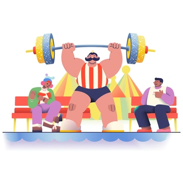 A vintage strongman with a thick mustache and wearing a red and white striped tank top is positioned in the center of a circus ring. He has muscular arms and legs, showcasing his strength as he lifts a large, ornate barbell above his head. The barbell is decorated with intricate patterns and has heavy weights on either side, colored in shades of gold and silver. Surrounding the strongman, there are circus spectators in the background, some clapping and cheering, while others are seated on bright red benches. Colorful circus tents with bold stripes can be seen in the background, adding to the lively atmosphere of the scene.