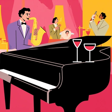 A lively jazz club scene filled with warm, ambient lighting. In the foreground, a shiny black grand piano features a delicate coupe glass filled with a deep red drink, resting on its smooth surface. Behind the piano, a musician with curly hair passionately plays a saxophone, creating an atmosphere of rhythm and melody. Tables with small, flickering candles surround the piano, and an audience of diverse patrons can be seen enjoying the performance in the background.