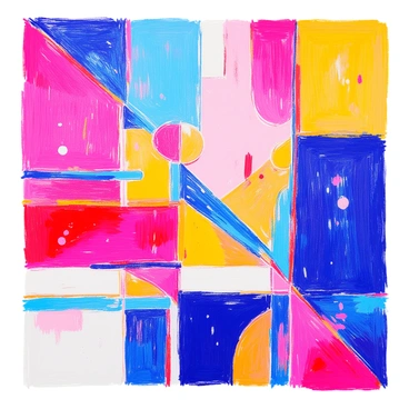 A canvas is filled with "bold colors" such as vibrant red, bright blue, and sunny yellow. The composition features "sharp lines" intersecting at various angles, creating geometric shapes. The colors are arranged in a way that emphasizes contrast and depth, with "thick strokes" outlining the shapes. There are small sections of "white space" that serve to enhance the overall vibrancy of the piece.