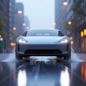 An electric car in a sleek design driving down a rainy street. The scene includes water droplets splashing from the tires of the car as it moves. The wet road reflects the car and the surrounding environment, creating a dynamic visual effect. Rain falls steadily from a gray sky, adding to the atmosphere of the setting. Streetlights cast a warm glow that contrasts with the cool tones of the rain-soaked scene.