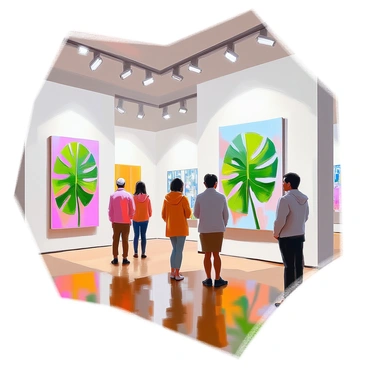 An art exhibit showcasing large canvas paintings prominently featuring "monstera leaves." The exhibit is set in a spacious gallery with white walls that enhance the visibility of the artwork. Each canvas displays intricately detailed illustrations of "monstera leaves," capturing their distinctive split and fenestrated shapes. The lighting is soft and focused on the canvases, creating an inviting atmosphere. Visitors can be seen admiring the artwork, with some standing closer to observe the brushwork and textures used in the paintings. The floor is polished wood, adding warmth to the space.