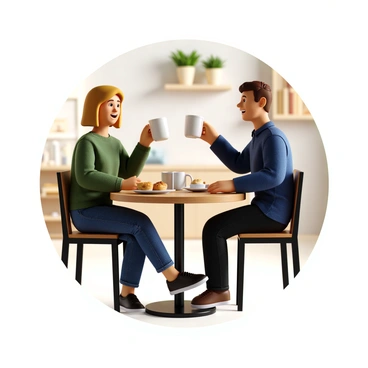 Two people, a woman with shoulder-length blonde hair in a green sweater and a man with short brown hair wearing a blue button-up shirt, are sitting at a small wooden table in a cozy café. They are both smiling and looking at each other as they lift their white coffee mugs. The mugs are raised in a toast, and the background features soft lighting and a shelf filled with potted plants and books. On the table, there are also a few pastries on a small plate, adding to the inviting atmosphere of the scene.