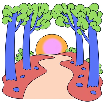 A winding forest path surrounded by tall trees with green leaves. The ground is covered in a layer of brown leaves and scattered pebbles. The scene is illuminated by a soft orange and pink glow from the setting sun peeking through the branches above. The gentle light creates elongated shadows on the path, enhancing the tranquil atmosphere.