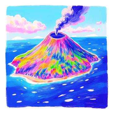 A volcanic island is prominently featured in the center of the image. The volcano has a large crater at the top, with dark smoke rising dramatically into the sky. Surrounding the crater, the slopes of the volcano are covered in dense, lush vegetation, including various shades of green trees and shrubs. The coastline of the island is visible, with rocky cliffs and some areas of sandy beach. The sky above is partly cloudy, allowing sunlight to filter through and illuminate the vibrant greenery.