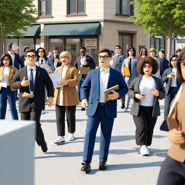 A busy street scene filled with a diverse group of people, all engaged in various activities related to tax season. Some individuals are holding stacks of tax forms and envelopes, while others are using portable calculators. A man in a blue suit walks briskly, clutching a clipboard with important paperwork, while a woman with curly hair checks her phone for tax-related reminders. In the background, a small café has a sign that reads "Tax Help Available," and a couple of people are seen entering it. The atmosphere is lively, with a sense of urgency as everyone navigates through the hustle and bustle of the day.