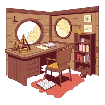 A warm wooden cabin interior features a sturdy oak desk cluttered with various navigational tools, including a brass compass and an antique sextant. The walls are adorned with aged nautical maps, some framed and others hanging loosely, revealing routes and coastal details. A small, round porthole allows soft light to filter in, illuminating an inviting armchair placed next to a small bookshelf filled with maritime literature. On the desk, a well-worn logbook is open, revealing handwritten entries, while a plush rug lies underfoot, providing comfort in the cozy quarters.