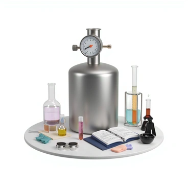 A modern laboratory scene featuring a large gas cylinder made of shiny metal, with pressure indicators clearly visible on its surface. The pressure gauge is prominently displayed, showing a high pressure reading. Around the cylinder are various lab equipment, including test tubes filled with colorful gases, a Bunsen burner with a steady flame, and an open notebook with handwritten notes detailing Boyle's Law. The workspace is organized, with safety goggles and gloves neatly arranged nearby. Bright overhead lights illuminate the scene, highlighting the textures and colors of the laboratory environment.