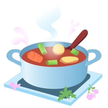 A bubbling pot of vegetable stew is placed on a stovetop. The pot is shiny and metallic, reflecting the light around it. Inside, vibrant chunks of celery, bright orange carrots, and yellowish potatoes float in a flavorful broth. Steam rises gently from the pot, creating a warm and inviting atmosphere. A wooden spoon rests against the edge of the pot, while a few fresh herbs are scattered nearby. The background features a cozy kitchen setting, adding to the homely feel.