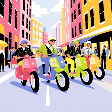 A group of four colorful motorcycles cruising through the narrow backstreets of a busy city. The motorcycles are shiny and distinct, with one being red, another blue, a third green, and the last yellow. The riders are wearing helmets and leather jackets, showcasing their enthusiasm for adventure. The city surroundings feature tall buildings with visible brick walls and vibrant street art murals. Sidewalks are lined with small shops and bustling cafes, while pedestrians can be seen watching the motorcycles pass by. Bright city lights create a lively atmosphere in the scene.