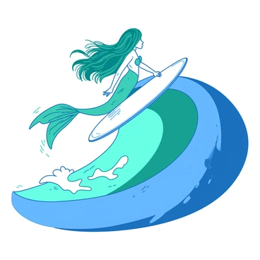 A teal mermaid is skillfully surfing on a giant blue ocean wave. Her long, flowing hair is caught in the breeze, creating dynamic movement. The mermaid is elegantly positioned on her surfboard, with her tail glistening in the sunlight. The towering wave curls around her, showcasing the power of the ocean. In the background, a faint horizon line can be seen, marking the transition between sea and sky.