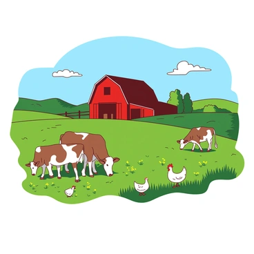 A red barn stands prominently in the background of a picturesque farm scene. In the foreground, there are expansive green fields stretching out in all directions, dotted with vibrant patches of yellow wildflowers. A group of cows, with varying shades of brown and white, are grazing peacefully on the grass, while a few chickens peck at the ground nearby. In the distance, a clear blue sky enhances the beauty of the landscape with a few fluffy white clouds drifting lazily.