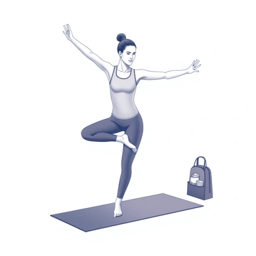 A yoga instructor in a balanced posture, showcasing a precise yoga pose with one leg raised and arms extended gracefully. The instructor has a focused expression, displaying concentration and strength. A yoga mat is positioned beneath them, providing a stable surface. Nearby, a yoga bag rests on the floor, neatly packed with essential yoga accessories such as a water bottle and a towel. The environment appears peaceful and organized, reflecting a dedicated space for practice.