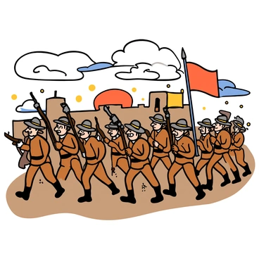 General Santa Anna's army is marching towards the Alamo, with soldiers in tan uniforms and wide-brimmed hats. The scene is set under a dusty Texas sky filled with swirling clouds and a soft orange glow from the setting sun. The soldiers are carrying rifles and banners, with expressions of determination on their faces. In the background, the Alamo is visible with its distinct architecture, standing strong against the advancing troops. Dust is kicking up around the soldiers' feet as they move forward, creating a sense of urgency in the scene.