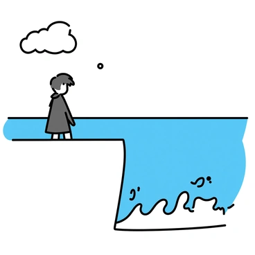 A lone figure, dressed in a long coat, stands at the edge of a high cliff. The figure is silhouetted against the sky, with the wind gently blowing their hair. Below, the ocean waves crash against the rocky shoreline, creating white frothy splashes. The horizon stretches far into the distance, where the water meets the sky, and small clouds drift overhead. The scene captures the vastness of nature and the isolation of the figure.