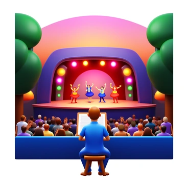 An artist holding a sketchbook is seated on a stool, intently sketching a live scene of a performance at an outdoor theater. The stage is set with colorful lights illuminating the performers in vibrant costumes. The audience is visible in the foreground, captivated by the performance, with some individuals clapping and others leaning forward in their seats. Trees and outdoor decor frame the theater, and the sky above is a gradient of warm colors, indicating sunset.