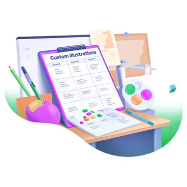 A detailed price sheet for custom illustrations laid out on an artist's desk with tools.