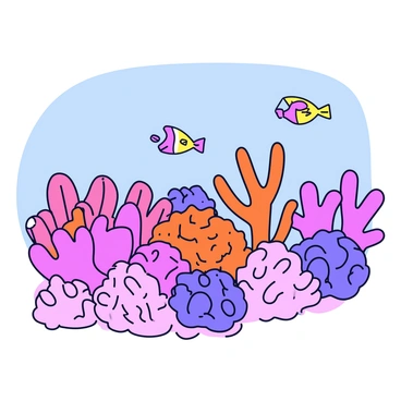 A segment of a coral reef is depicted, showcasing a variety of coral types with intricate textures and shapes. The corals are in shades of pink, purple, and orange, creating a vibrant underwater scene. Small fish in bright colors swim among the corals, adding life to the illustration. The texture of the corals is detailed, showing their unique formations and patterns. The background features a soft blue gradient representing the ocean water.