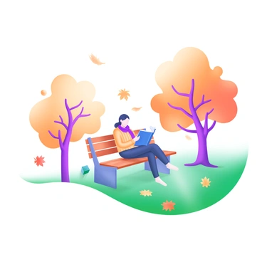 A cozy flat-3D illustration of an autumn park scene. The ground is covered with a variety of fallen leaves in shades of orange, red, and yellow. In the center, a person sits on a wooden bench, absorbed in a book. The individual is wearing a warm sweater and a scarf. Surrounding the bench, colorful trees with their autumn foliage provide a vibrant backdrop. A gentle breeze causes a few leaves to swirl around the person, adding a sense of movement to the scene. Sunlight filters through the branches, casting dappled shadows on the ground.