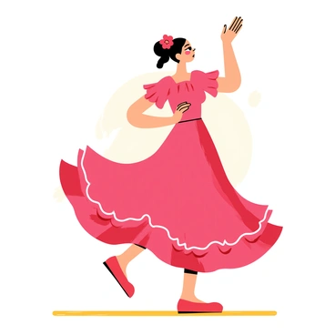 A flamenco dancer in a vibrant red dress is clapping her hands above her head. The dress has ruffled layers that flow gracefully as she moves. She is stamping her feet on a wooden floor, creating a rhythmic sound. Her hair is tied back in a bun, adorned with a red flower. The background features soft, blurred colors to emphasize her dynamic movements and striking attire.
