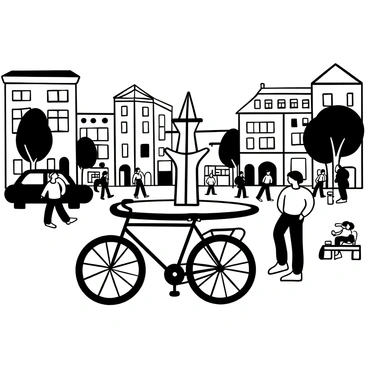A lively line art of a bicycle parked in a busy city square.