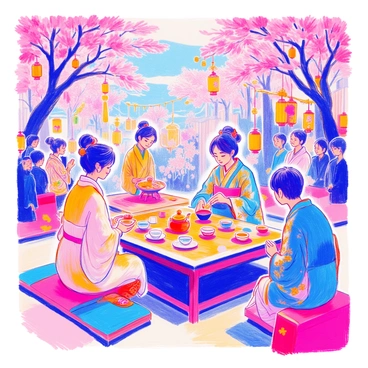 An elegant tea ceremony demonstration is taking place at an Asian festival. In the center, a wooden table is adorned with a traditional tea set, consisting of a teapot, tea cups, and a matching tray. A person, dressed in a beautifully embroidered kimono, is gracefully pouring tea into a delicate cup. The surrounding area is filled with colorful banners and lanterns that add vibrant hues to the scene. Attendees, wearing traditional attire, are seated on cushions, watching the ceremony with interest. A backdrop of cherry blossom trees adds to the serene atmosphere.