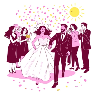 A bride in a white wedding dress with intricate lace details is running joyfully through a shower of colorful flower petals. The groom, wearing a dark suit, is beside her, holding her hand tightly with a wide smile. Petals in shades of pink and yellow cascade around them, creating a vibrant scene. The couple is surrounded by guests clapping and cheering, their expressions filled with happiness. The sun is shining brightly, adding a warm glow to the joyous moment.
