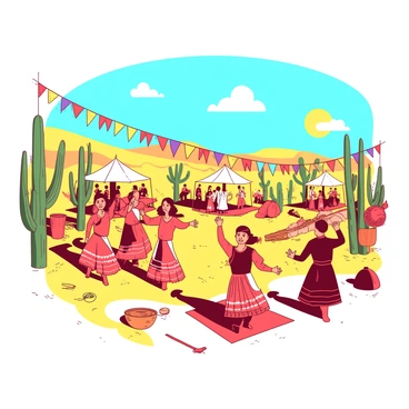 A yellow desert landscape under a bright sun, showcasing a lively festival atmosphere. In the foreground, groups of people are dancing energetically, wearing vibrant costumes that feature a mix of red and orange patterns. Musicians are playing traditional instruments, contributing to the joyful ambiance. Colorful decorations are strung between tall cacti, and the sandy ground is dotted with colorful rugs where festival-goers are seated. In the background, a few tents provide shade, and a bright blue sky stretches above, enhancing the festive spirit.