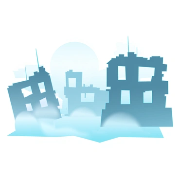 A foggy morning scene with a thick mist enveloping the surroundings. Silhouettes of abandoned buildings with broken windows and crumbling walls emerge faintly from the dense fog. The buildings are various shapes and heights, casting dark shapes against the pale backdrop of the fog. Shadows stretch across the ground, creating a contrast between the dark silhouettes and the soft, diffused light of the morning. The atmosphere conveys a sense of eerie stillness as the outlines of the structures loom in the haze.
