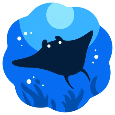 A manta ray with broad wings gliding gracefully through the dark ocean. The rays of moonlight illuminate its smooth, dark body, creating a soft glow. The water around the manta ray is deep blue and filled with subtle waves that reflect the moonlight. Silvery bubbles trail behind as it swims, adding an element of movement to the scene. The background features faint silhouettes of underwater plants swaying gently in the current.