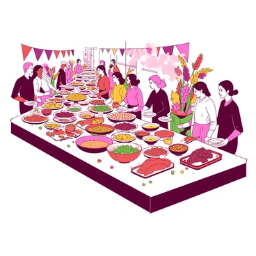 A long banquet table stretches into the distance, laden with an abundant array of colorful dishes and platters. The table is filled with various types of food including steaming pasta, bright salads, and succulent roasted meats. A line of diverse people stands eagerly alongside the table, each person holding a plate and serving themselves from the enticing options. The expressions on their faces reflect excitement and anticipation as they fill their plates with food. In the background, there are decorative banners and festively arranged flowers adding to the vibrant atmosphere of the buffet.