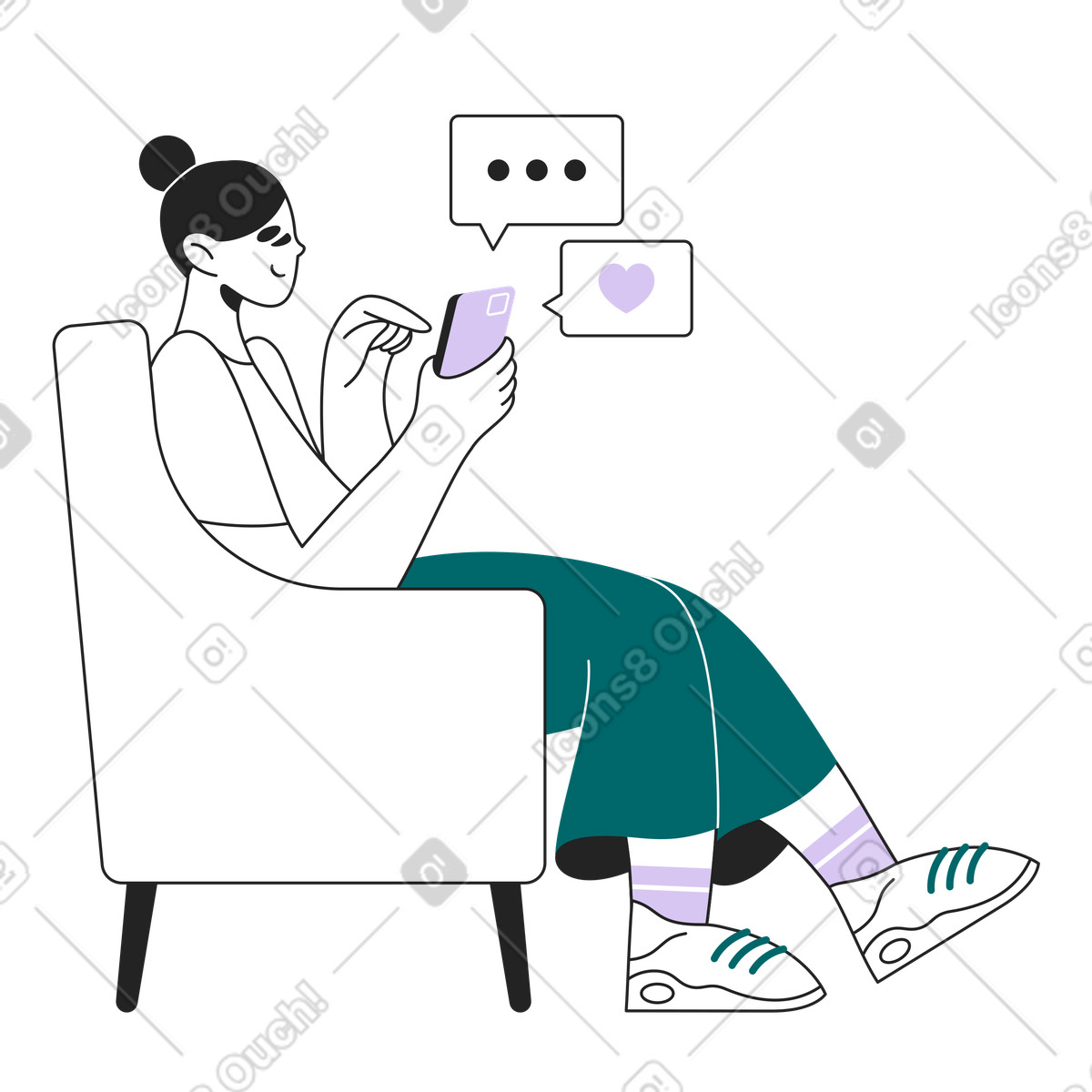 Ilustración Messaging on smartphone, remote communication and social media use en estilo Sammy Line a descargar en PNG y SVG