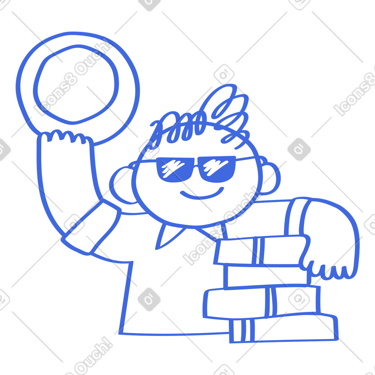Boy holding frisbee and leaning on stack of books illustrazione in stile Ballpoint Pen scarica in PNG, SVG