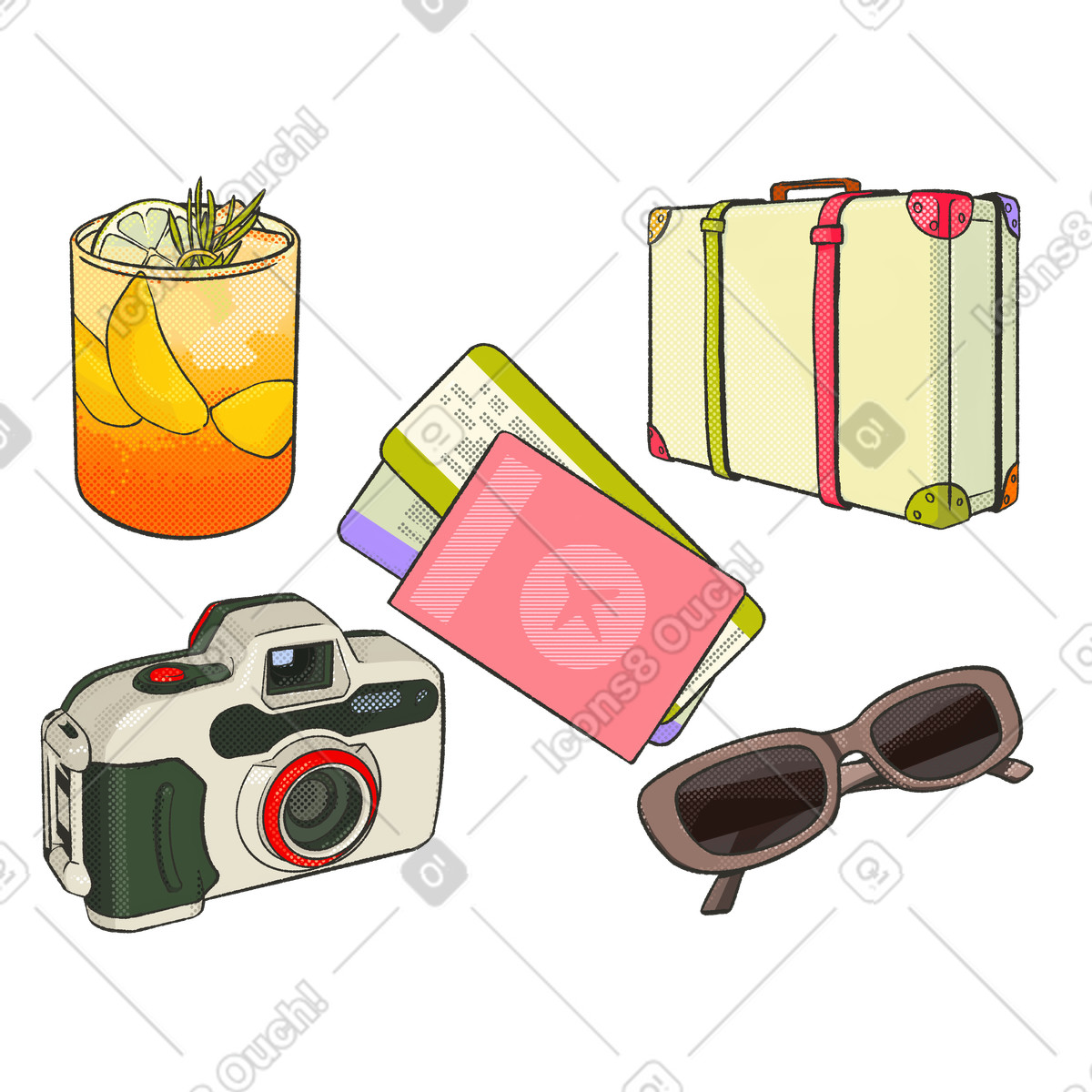 Иллюстрация Essential travel items, Packing for trip в стиле Dots — скачать в форматах PNG, SVG