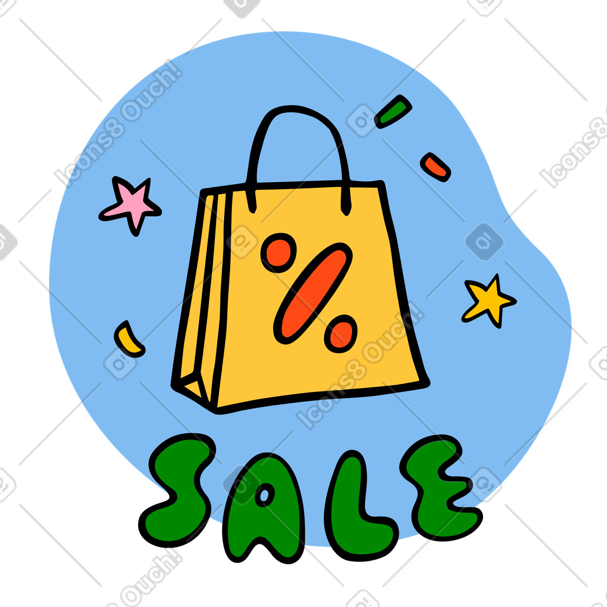 Ilustración Venta de texto con bolsa compra en estilo Comic a descargar en PNG y SVG