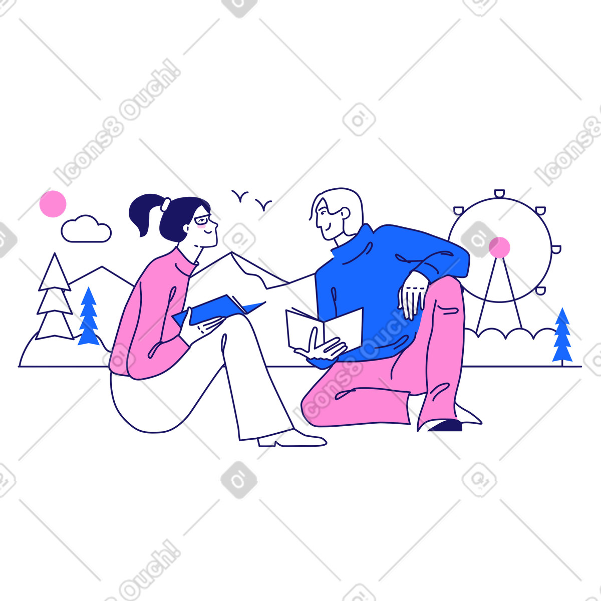 Mann und frau lesen in einem park-Illustration im Matey-Stil als Download PNG, SVG