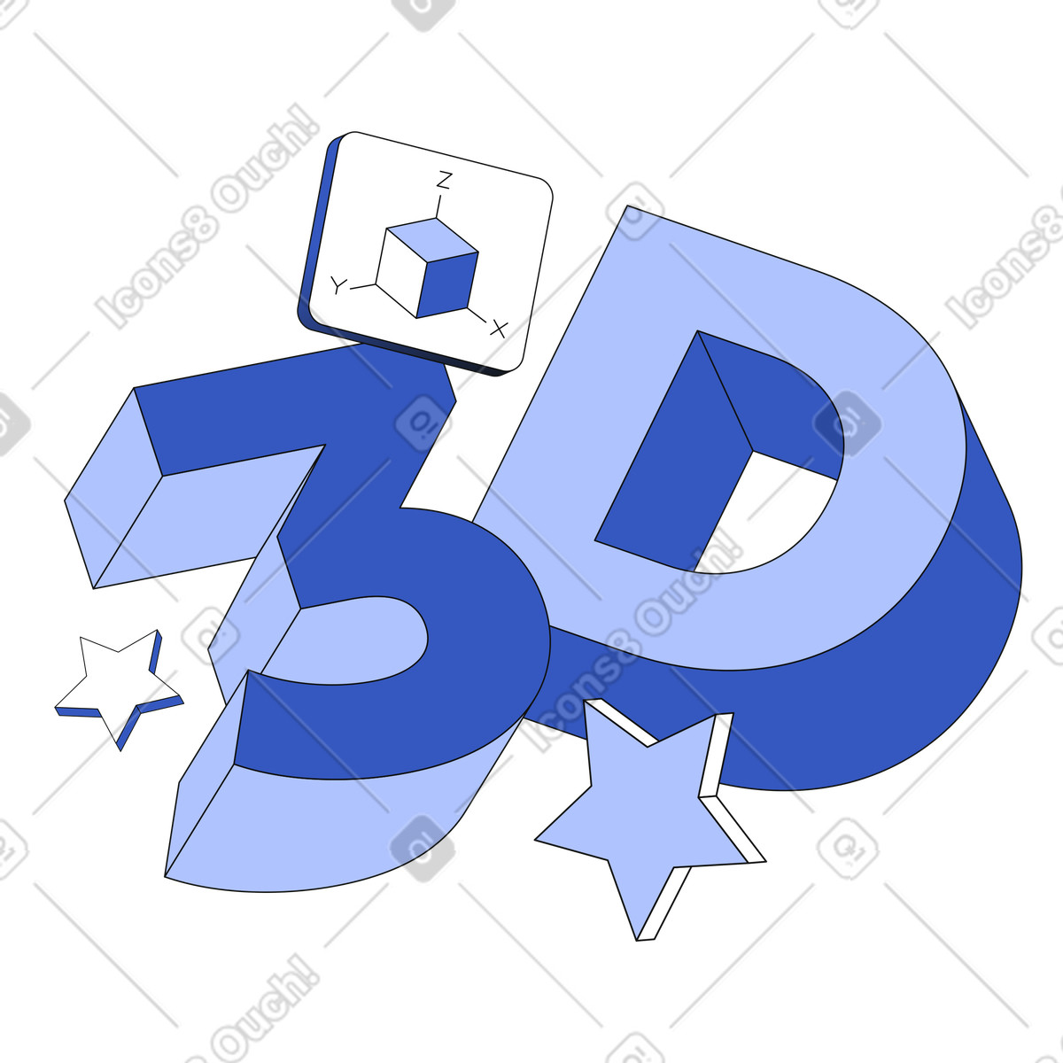 Floating 3D word, stars and cube with XYZ axis, Digital design prototyping illustration in Techny style download in PNG, SVG