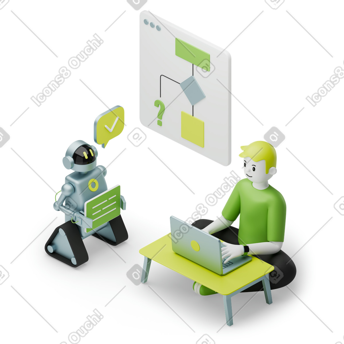 Robot and developer collaborating on code, AI-assisted programming animated illustration in GIF, Lottie (JSON), AE