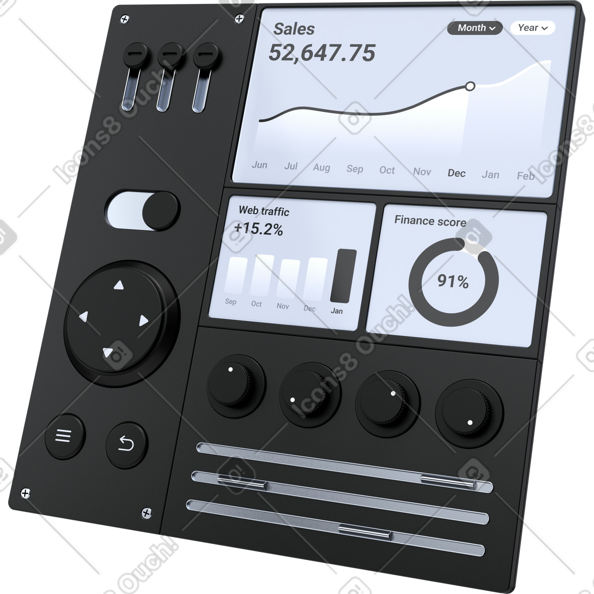 Illustration Tableau de bord analytique, panneau contrôle des performances l'entreprise, interface visualisation données dans le style 3D Pro à télécharger aux formats PNG, SVG