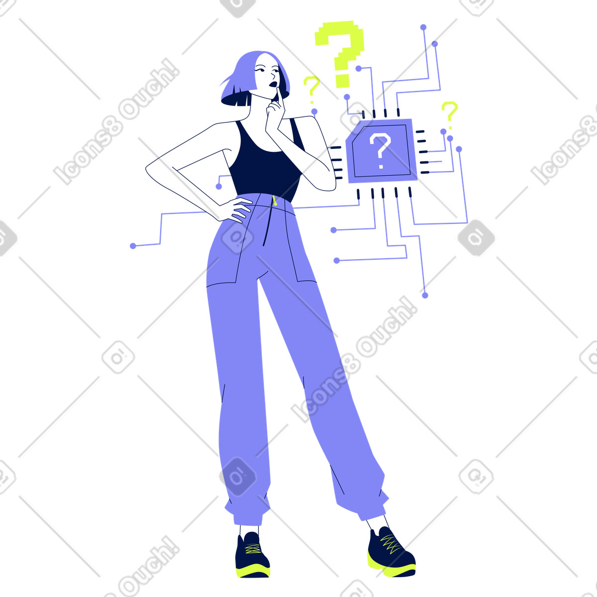 Considering options with question marks, Decision making or problem solving animated illustration in Glow style download in GIF, Lottie (JSON), AE